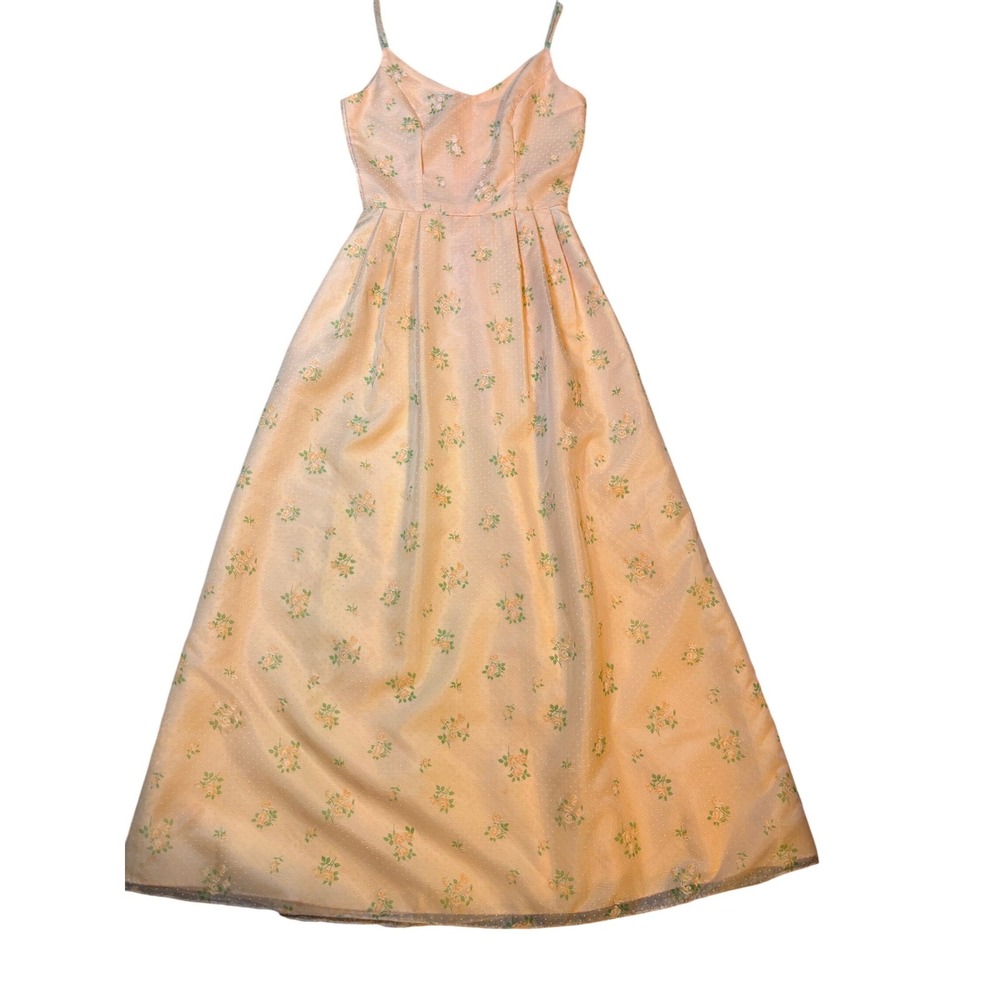 Maxi Dress Women Small Peach Floral Swiss Dot Pleated Spaghetti Strap Vintage - Picture 4 of 5